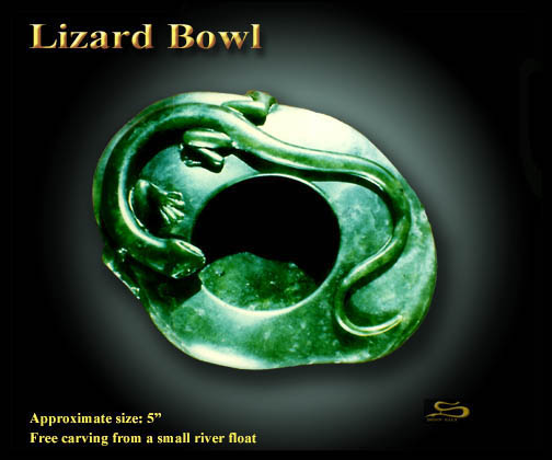 NZ Jade Carved pebble. 'Lizaed Bowl'