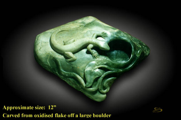 12 inch Carved Jade Flake. 'Lizard Bowl'